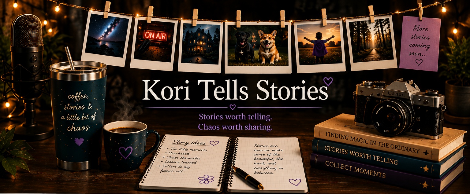 A cozy storytelling desk with fairy lights, a microphone, coffee, notebook, camera, books, and hanging Polaroids.