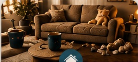 A cozy living room with coffee and toys.